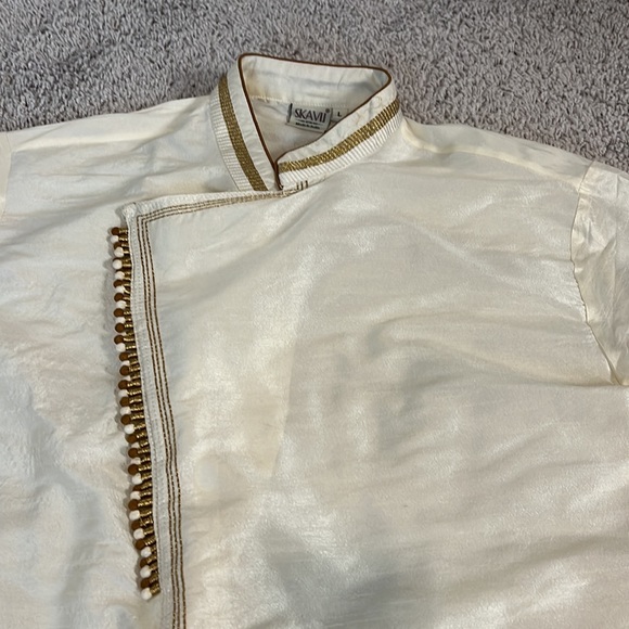 Skavij Kurta Men’s Ivory Cream Soft Dupioni Silk Fabric Indian Tunic - Picture 3 of 11